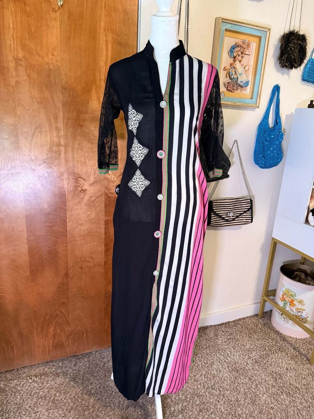 Handmade Lace Sleeve Stripe Colorblock Kurti Maxi Dress
